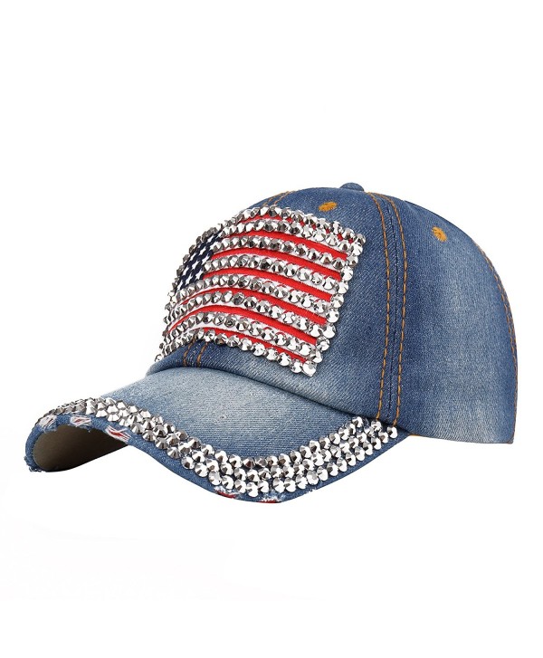 Raylans Women American Flag Rhinestone Jeans Denim Baseball Adjustable Bling Hat Cap - 4 - C612FM7RI8J