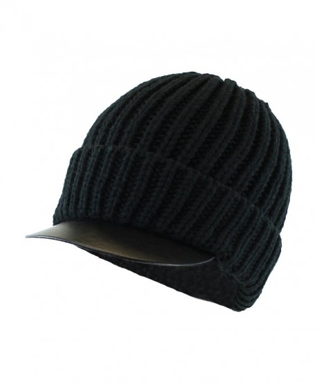 Men's Stretch to Fit Chunky Knit Cuffed Radar Cap w/ Faux-Leather Visor Brim - Black - C1126XO5EJZ