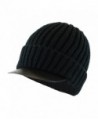 Men's Stretch to Fit Chunky Knit Cuffed Radar Cap w/ Faux-Leather Visor Brim - Black - C1126XO5EJZ