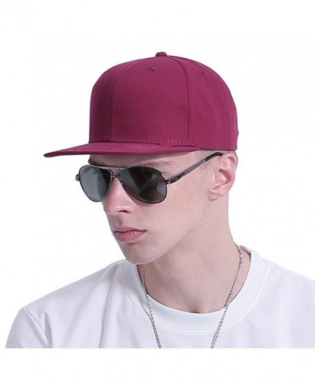 CACUSS Solid Cotton Flat Bill Brim Baseball Hat With Adjustable Snapback Hip Hop Cap - Wine - CZ17YLMD4L3
