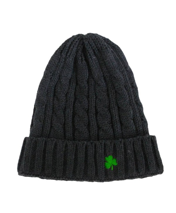 Man Of Aran Acrylic Cable Knit Beanie Hat Dark Grey Colour With Green Embroidered Shamrock - CU11ADDD54D