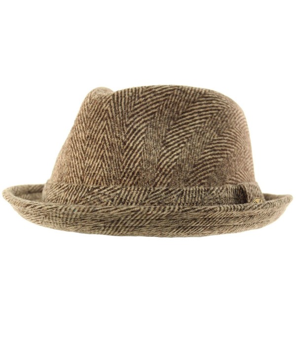 Men's 100% Soft Wool Herringbone Winter Derby Fedora Uprturn Hat - Brown - CI12N1BFPW1