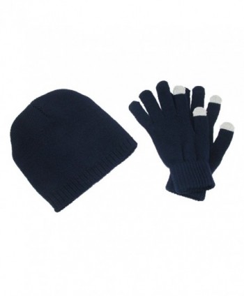 CTM Men's Solid Beanie and Touch Screen Gloves Winter Set - Navy - CL11QLHQ81N