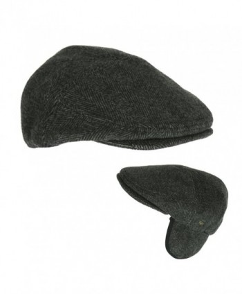 Men's Black Wool Herringbone Ivy Cap- Classic Cabbie Hat w/ Ear Flaps - CD12O4N8F79