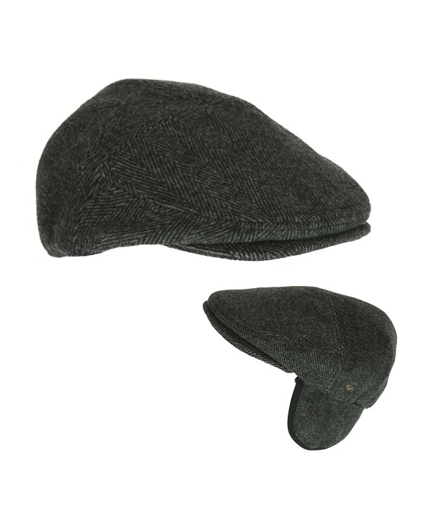 Men's Black Wool Herringbone Ivy Cap- Classic Cabbie Hat w/ Ear Flaps - CD12O4N8F79