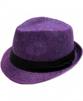 Hemantal Men/Women Classic Lightweight Straw Fedora Hat w/Band - Assorted Colors - Purple - CB180ELEU4D