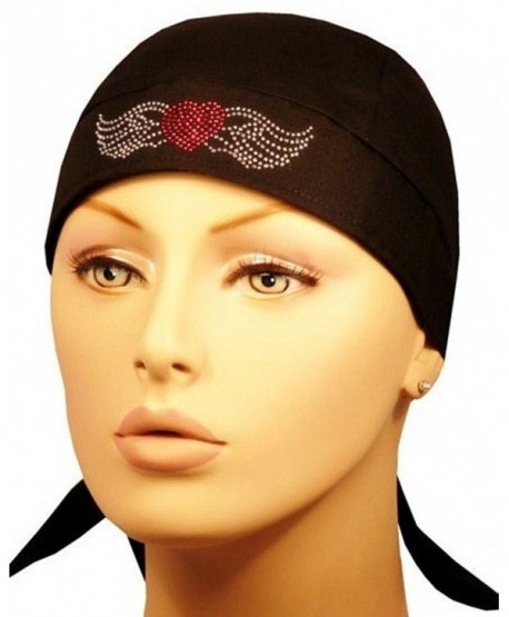 Rhinestud Skull Cap - Biker Caps Red Heart w/Wings on Black Headwraps Doo Rags - CV12ELHNR27