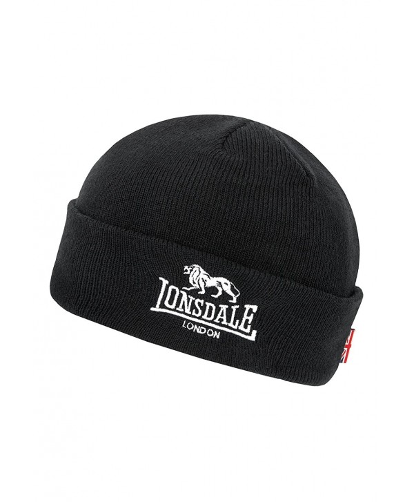 Lonsdale Men&acutes Beanie Hat Cap Black Embroided Lion Logo and Union Jack Flag - CU12OC9Q89L