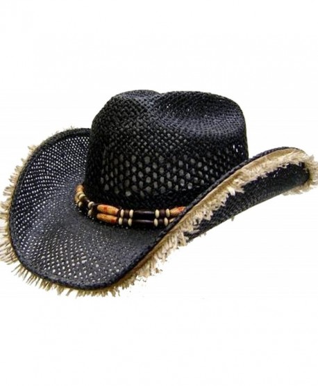 Modestone Unisex Straw Cowboy Hat Fuzzy Straw Fringe Black Beige - C611WWR7FX1