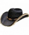 Modestone Unisex Straw Cowboy Hat Fuzzy Straw Fringe Black Beige - C611WWR7FX1