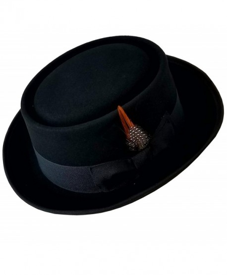 SHAHIN Men's Flat Top 100% Wool Felt Porkpie Pork Pie Hats W/Feather - Black - CA185H2HS2C