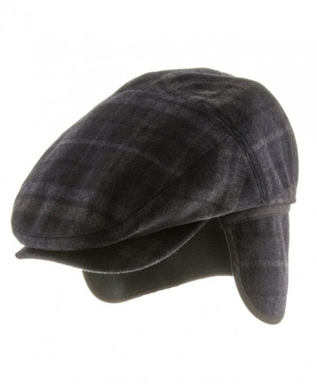 Tusco Wool Grey Plaid Ivy Cap Newsboy Hat with Fleece Ear Flaps - Navy - CG11POHBUEL