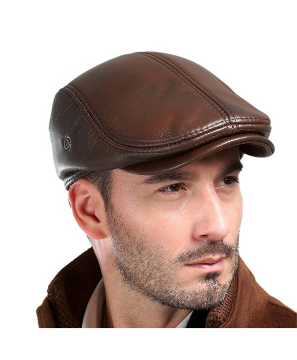 Vemolla Men's Real Cowhide Leather Beret Hunting Cap Beanie Trucker Cap Mens Sports Hat - Ancient Brown - CY12O18UOV1