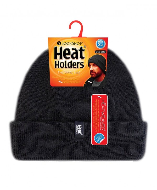 Heat Holders - Men's Thermal Fleece Lined Turn Over Cuff Winter Hat - Black - C01220W9W6P