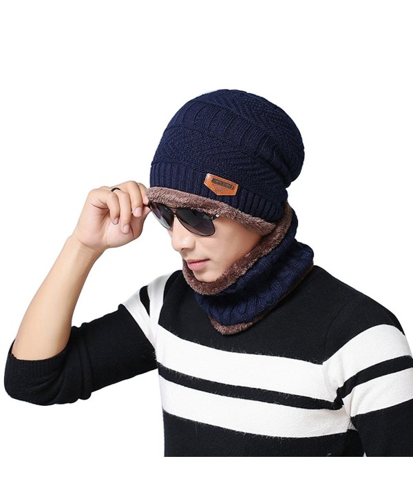 potato001 Fashion Beanie Men Winter Warm Faux Fur Lined Baggy Hat Neckerchief Scarf Cap - Navy Blue - CM186REY0NU