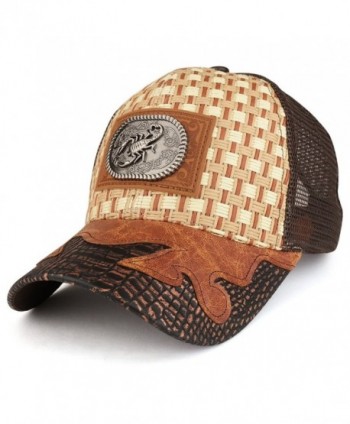 Trendy Apparel Shop Straw Design Metallic Scorpion Logo Trucker Mesh Adjustable Baseball Cap - Tan/Brown - C712O36I0WD