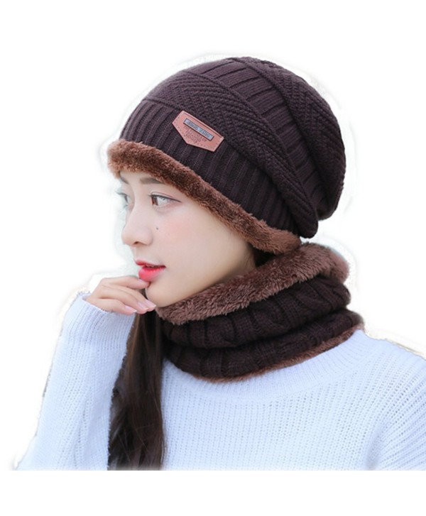 Slouchy Beanie Hat Women Lined Thick Knitting Wool Skull Cap With Neck Gaiter - Brown - CY189C0RMOK