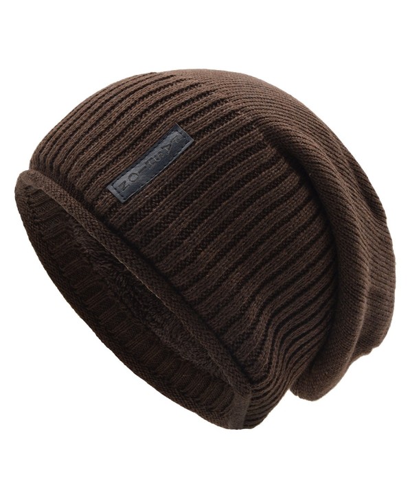 UPhitnis Warm Knit Hat For Men & Women- Soft Long Loose Winter Hat With Hemming and Wool Inner - Brown - CU186OZYC95