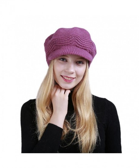 Women Knit Hat- Sothread Winter Wool Knitted Hat Beret Stretch Ski Beanie Cap with Visor (Hot Pink) - Hot Pink - CL188MM3SZ2