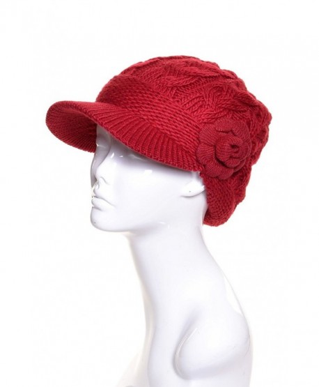 BSB AN Womens Winter Visor Cap Beanie Hat Wool Blend Lined Crochet Decoration - Red Flower - C712O0UP4NP