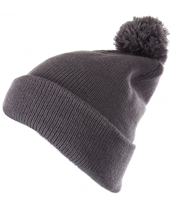 Enimay Winter Pom Pom Knit Beanie Cuffed Skull Cap Striped Team Beanie - Soild | Gray - CD1875ODEED