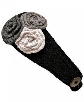 Crochet Headband With Three Knit Flowers - Black - C911633QCDJ