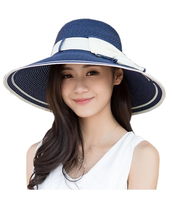 Women UPF 50+ Summer Hat Wide Brim Beach Sun Straw Visor Hat w/ Bowknot - Blue - C717Y4XMN9L