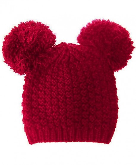 Knit Beanie Hat with 2 Big Pom Pom Ears JM6086 - Burgundy - C812O4NOKHN