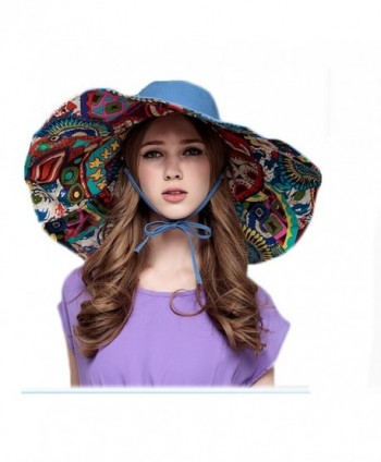 Women Bohemian Style Wide Brim Foldable Uv Protection Sun Cap - Blue - CK11WGWBJ61