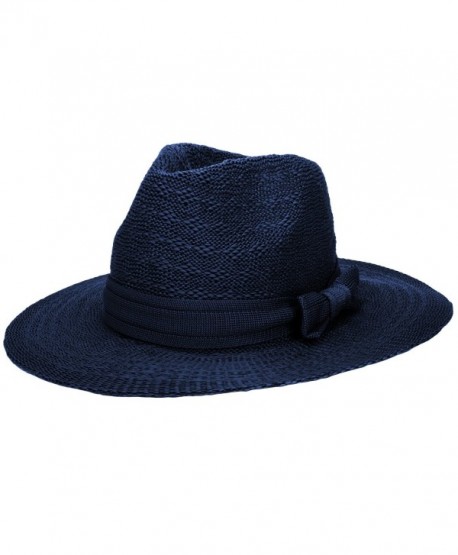 Aerusi Women's Straw Sun Hat Fedora Trilby Panama Jazz Hat With Bow Band - Blue - CK1827SUCZ6