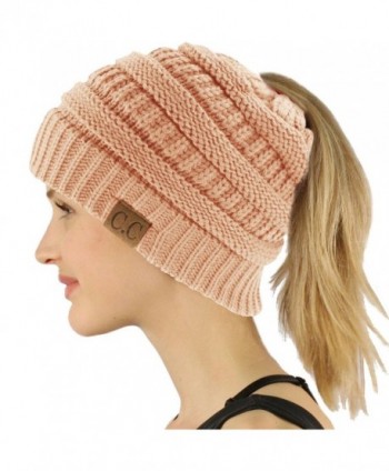 CC Beanietail Messy High Bun Ponytail Stretchy Knit Beanie Skull Hat - Indi Pink - CY1885ODZSH