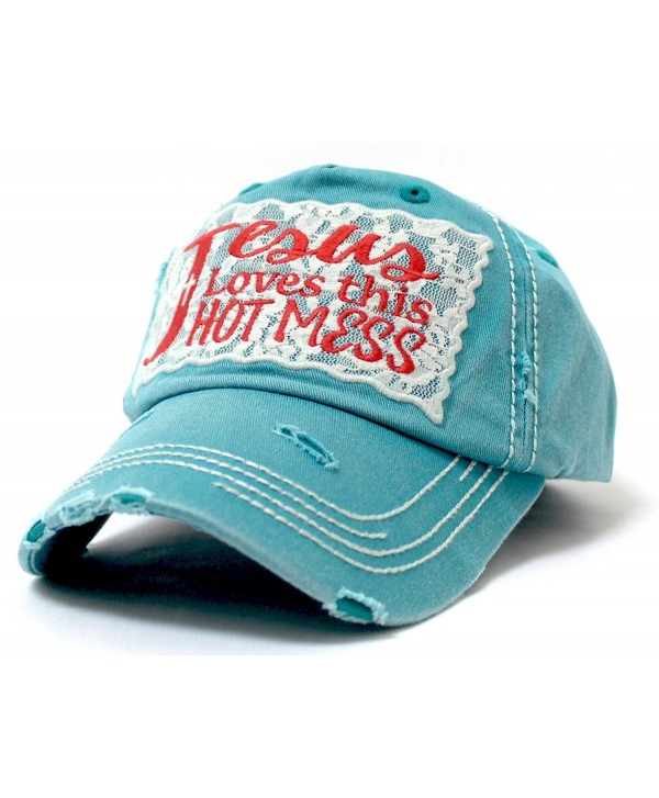 LACE "Jesus Loves this HOT MESS" Embroidery Patch Vintage Cap - Turquoise - CV185D48XCK