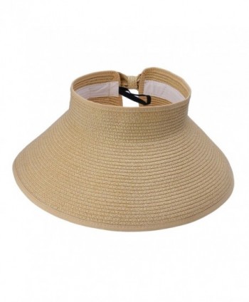 JTC Women Straw Sun Hat Adjustable Beach Cap Roll up Open Top Visor - Beige - CY11KU7SWOV