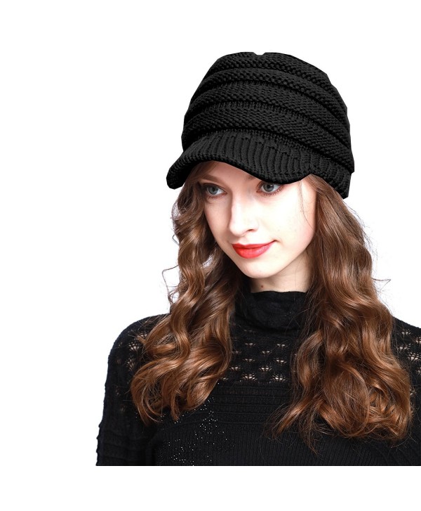 BV2311 Cable Ribbed Knit Beanie Hat w/ Visor Brim - Chunky Winter Skully Cap - Black - CD12MZFO7HO