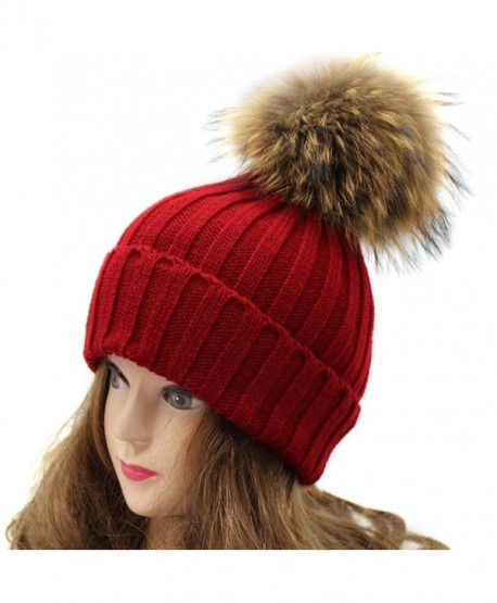 Tuscom Women Winter Crochet HatFur Wool Knit Beanie Raccoon Warm Cap - Wine Red - CZ12N75ART1