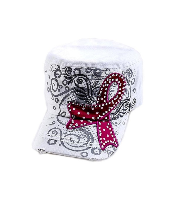 White Military Style Cap with Breast Cancer Awareness Pink Ribbon studded with Rhinestones- One Size - CS11LDZNT2T