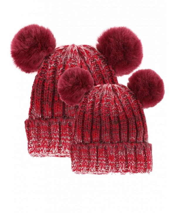 Arctic Paw Adults & Children's Cable Knit Ombre Beanie with Faux Fur Pompom Ears - 2pcs-adult&kid-burgundy - C7182XMOWQX