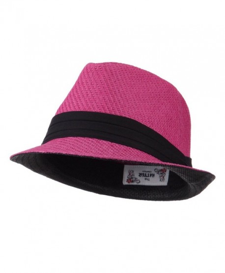 Toyo Straw Fedora Hat with Black Band - OSFM - Fuchsia - CR11E8U1RVL