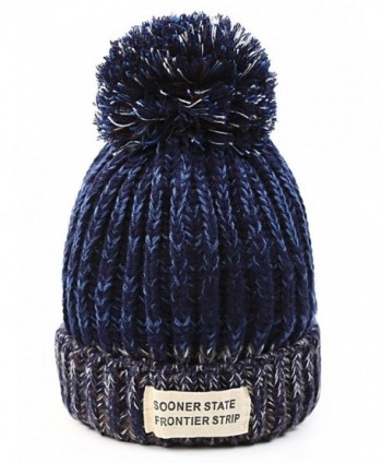 FADA Women Winter Hats - Soft Stretch Cable Knit Ribbed Faux Fur Pom Pom Beanie Hat - Blue - CX1888NTI7L
