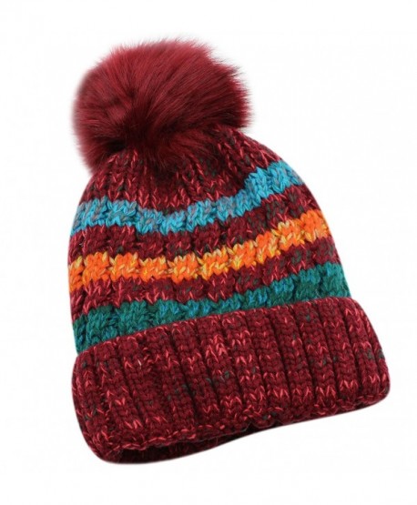 Women Winter Warm Knit Beanie Hat Fleece Lined Striped Ski Cap with Fur Pom Pom - Red - CM186TX7X75