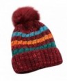 Women Winter Warm Knit Beanie Hat Fleece Lined Striped Ski Cap with Fur Pom Pom - Red - CM186TX7X75