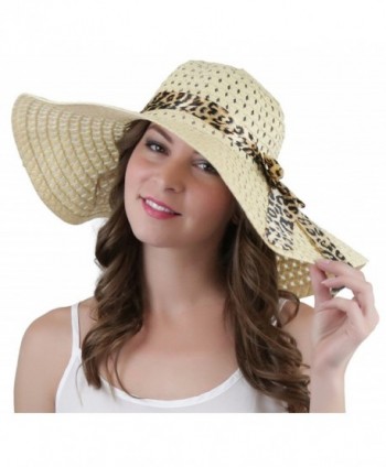 ToBeInStyle Womens' Elastic String Cheetah Ribbon Wide Brim Summer Hat - Beige - CF184SSKG95