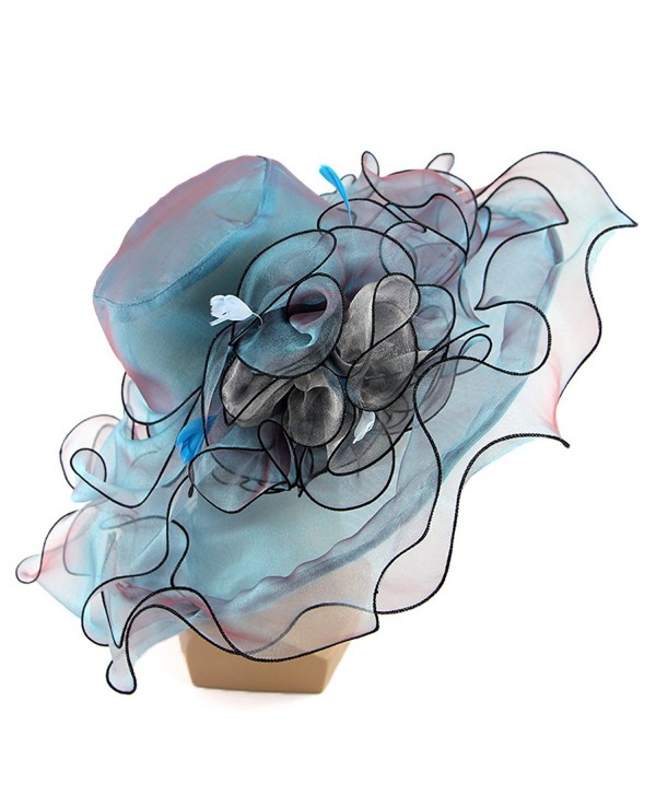 Women Foldable Organza Church Derby Hat Ruffles Wide Brim Summer Bridal Cap - Blue - CT183K3OOH2