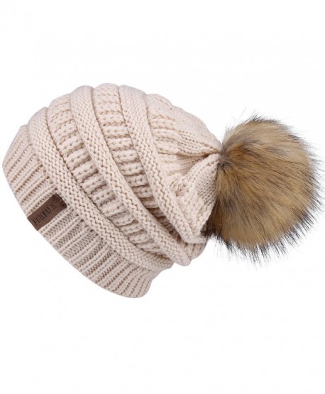 FURTALK Womens Slouchy Winter Knit Beanie Hats Chunky Hat Bobble Hat Ski Cap - Beige With Pom - CC185XUNT3H