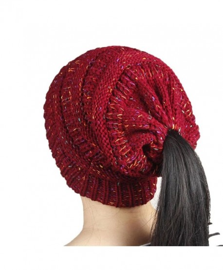 DORIC Women Beanie With Ponytail Hole Winter Knit Caps Hat - Red - C0188YGM7WL