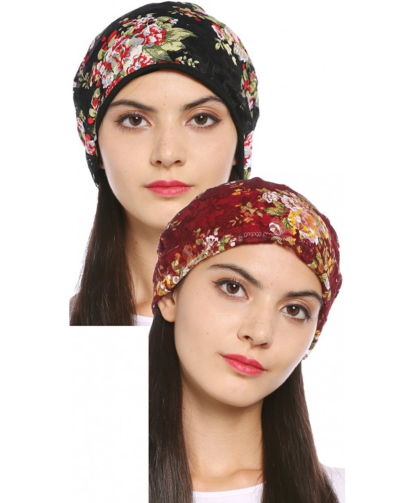 Ababalaya Women's Elegant Floral Lace Turban Cap Chemo Cancer Beanie Cap Nightcap - Black+burgundy - CX183D624KZ