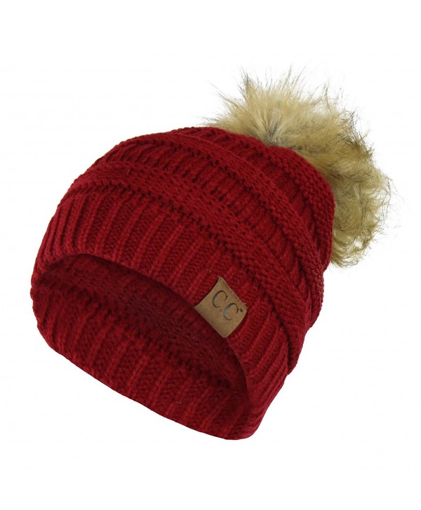 Chunky Cable Knit Beanie Hat w/ Faux Fur Pom Pom - Winter Soft Stretch Skull Cap - Burgundy - CN12N1UQSFN