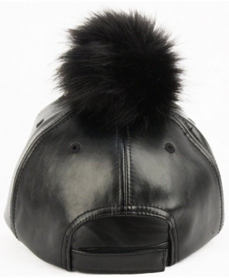 Faux Leather 6 Panel Pom Pom Baseball Cap - Black/Black - C61209MQE3R