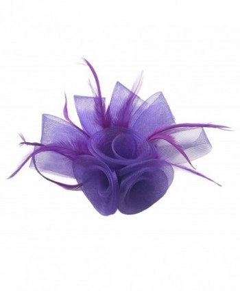 Women Fascinator Hair Clip Headband Feather Flower Cocktail Tea Party Headwear - F Purple - CR186I85KDW