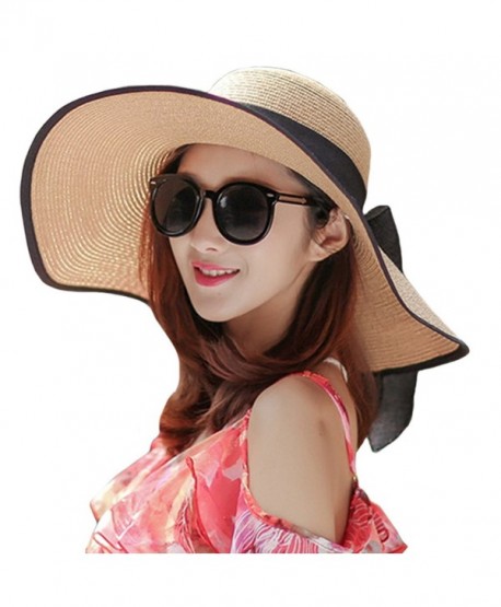 Itopfox Women's Big Bowknot Straw Hat Floppy Roll up Beach Cap Big Brim Sun Hat - Khaki - C01822G6XML